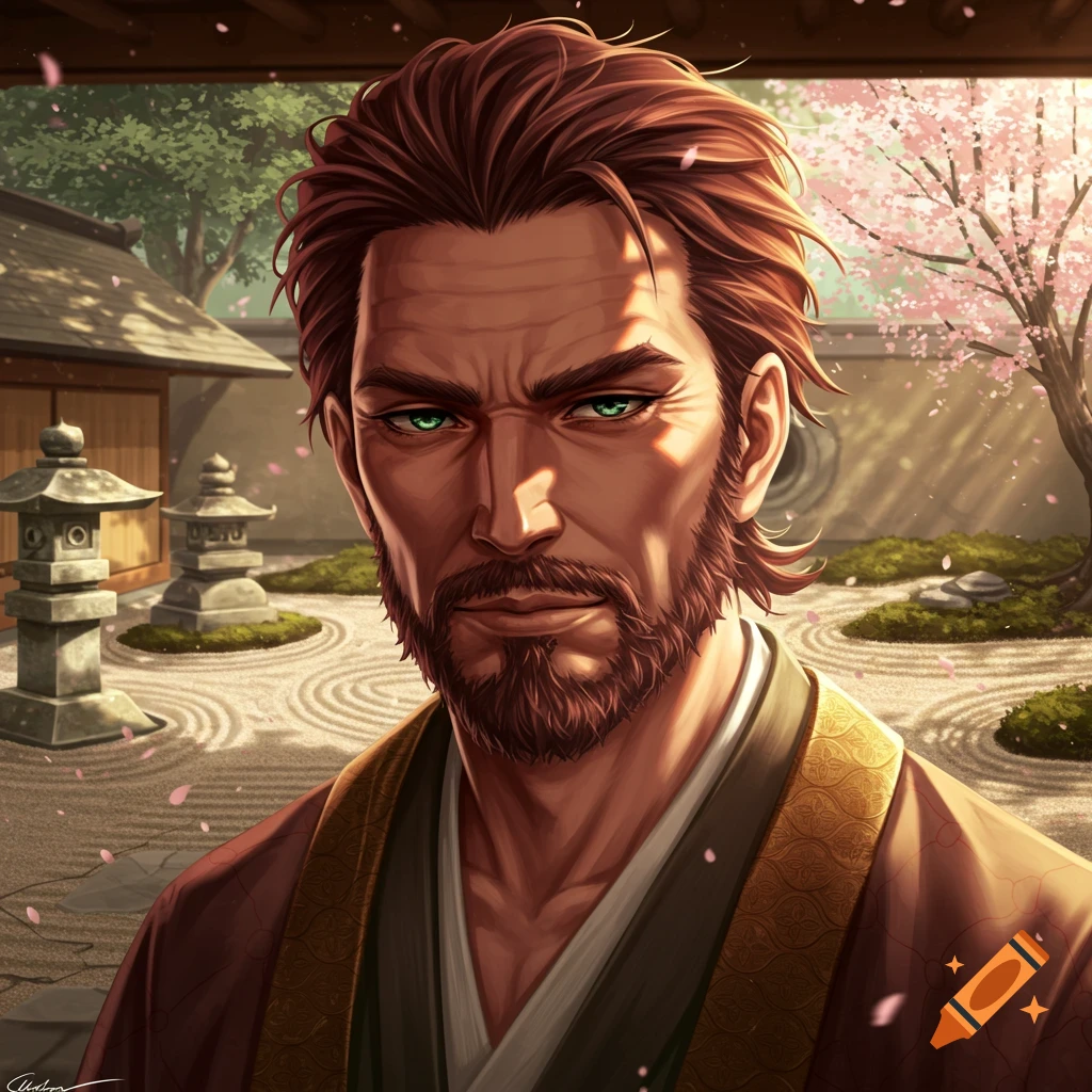 Anime man with reddish-brown hair, beard, and green eyes in traditional brown attire, standing in a Japanese garden with cherry blossoms.