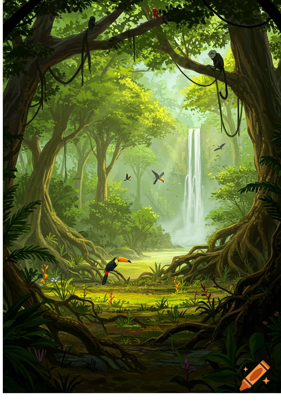 Vibrant cartoon-style illustration of a lush Amazon rainforest with a toucan, monkeys, birds, and a waterfall.