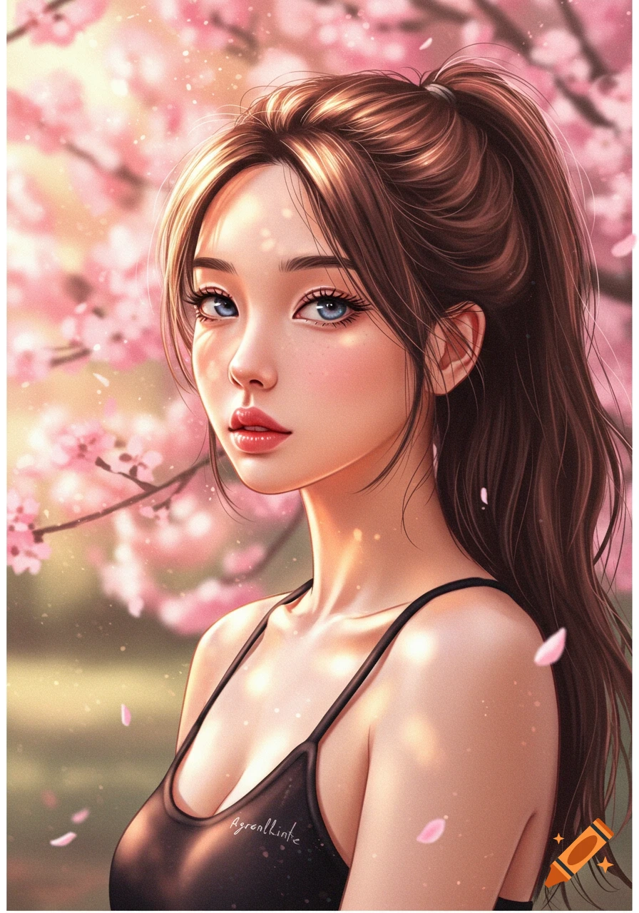 Digital painting of a young woman with brown hair in a ponytail, blue eyes, and glossy lips, against a cherry blossom background.