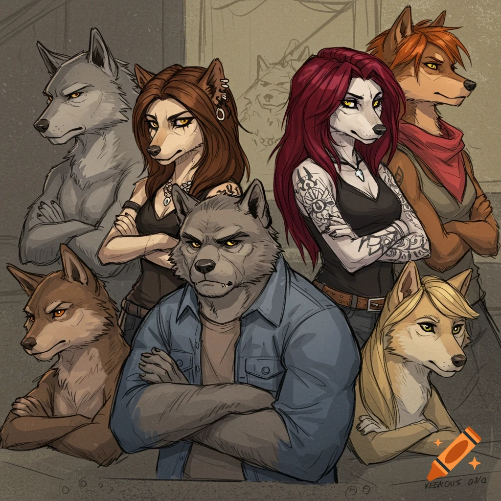 Group portrait of six anthropomorphic wolves with different fur colors, hairstyles, and expressions, in a sketch illustration style.