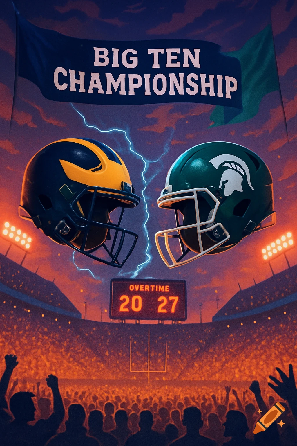 Illustrated football poster: Michigan and Michigan State helmets, 'BIG TEN CHAMPIONSHIP' banner, 20-27 overtime score in stadium.