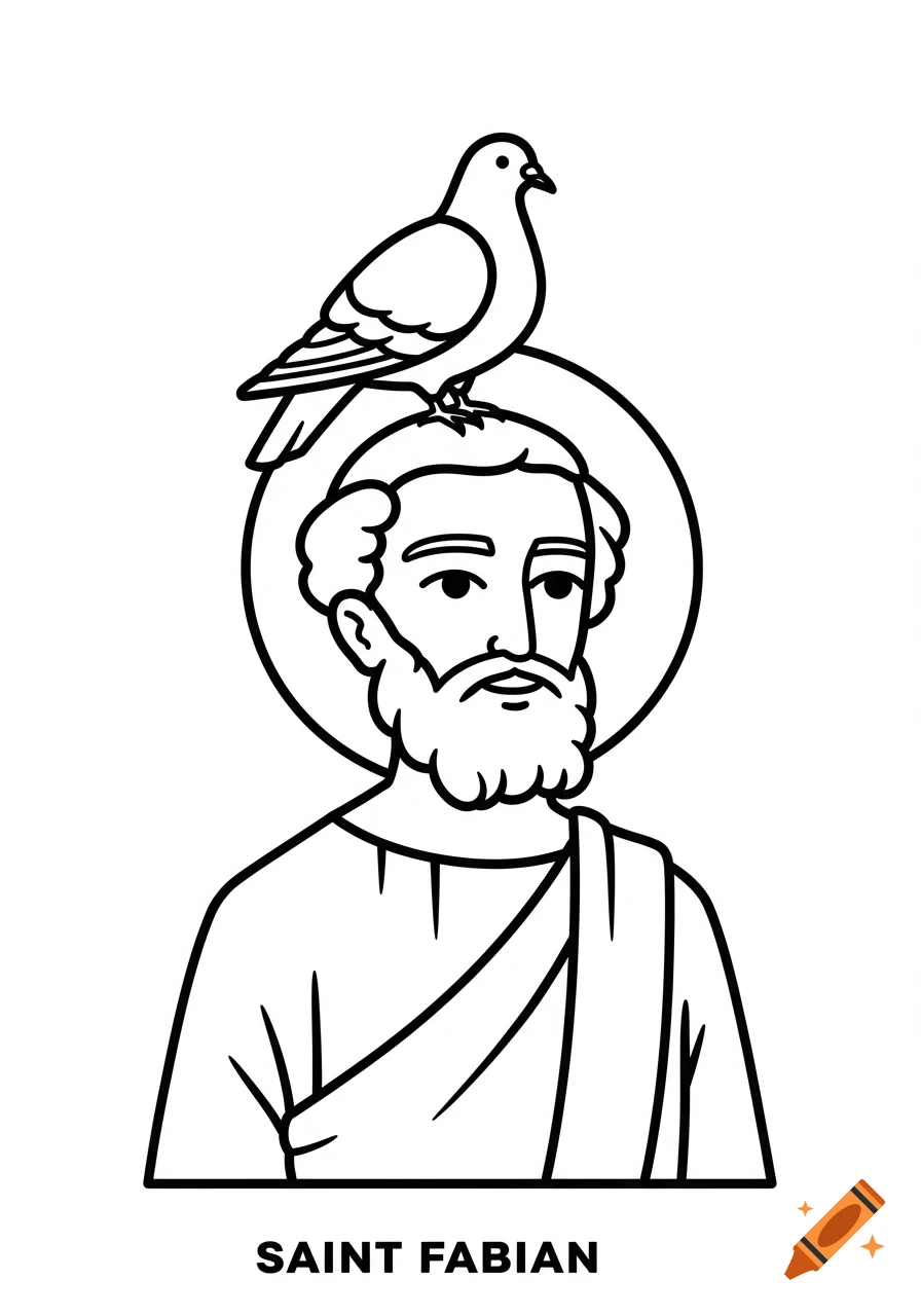 Black and white line art of Saint Fabian, depicted with a beard and a halo, with a pigeon perched on his head. Text 'SAINT FABIAN' below.