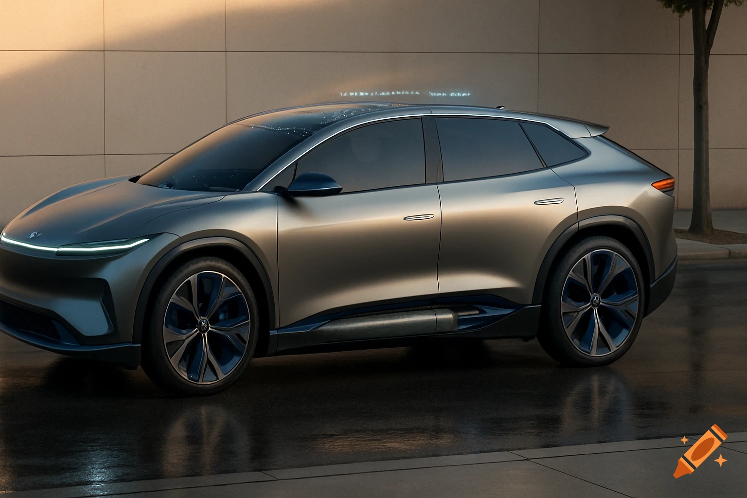 A sleek, matte titanium silver and deep ocean blue futuristic crossover SUV with a panoramic solar roof, parked on a wet urban street at golden hour.