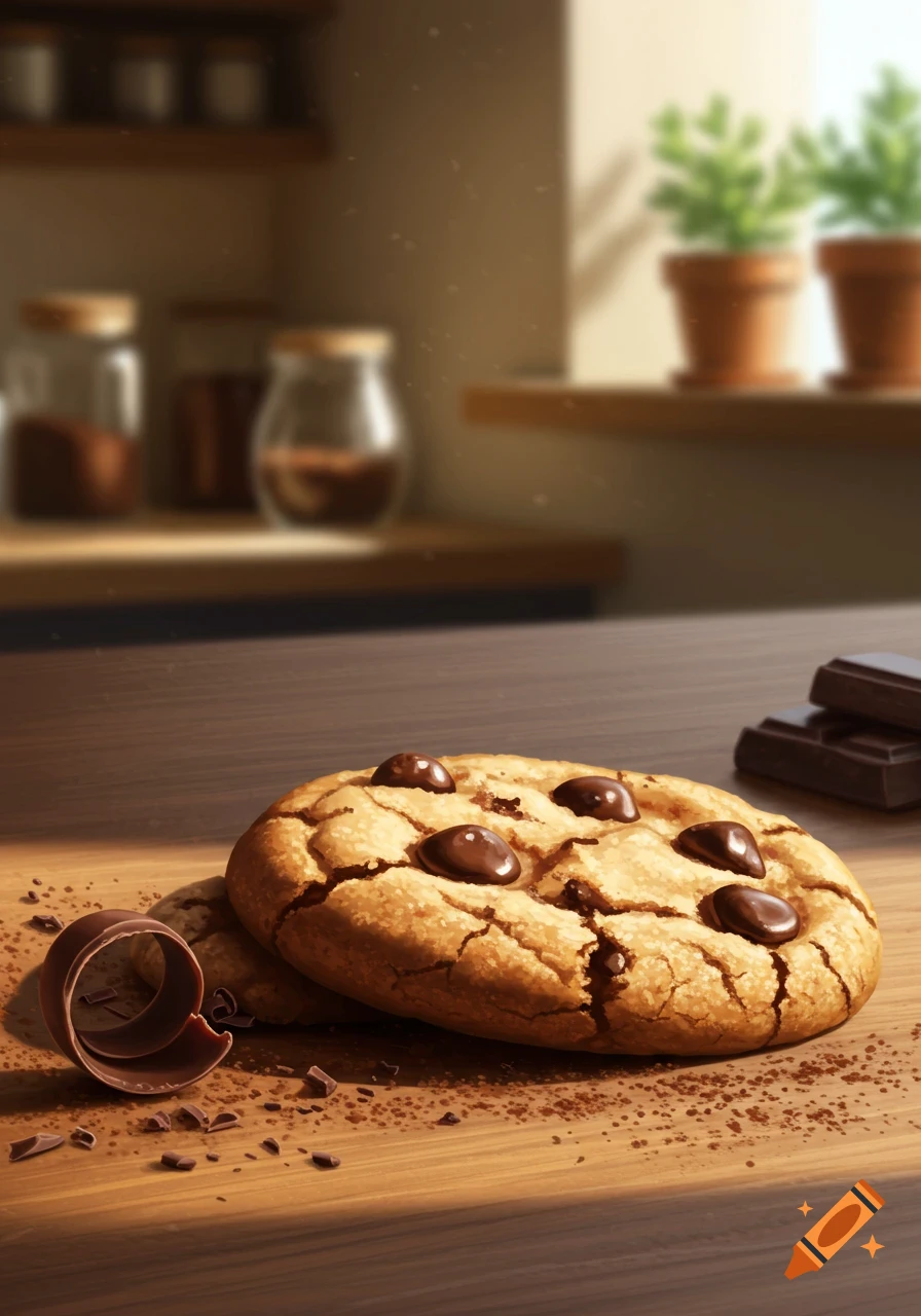 A close-up of a delicious chocolate chip cookie on a wooden counter with chocolate shavings, set in a warm, sunlit kitchen background.