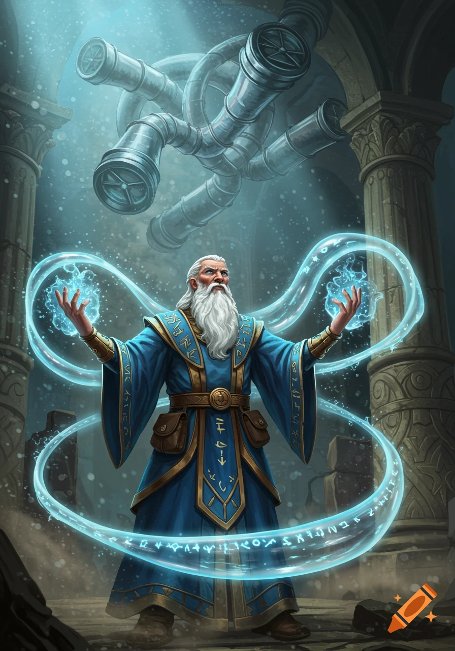 A white-bearded wizard in blue robes casts a glowing turquoise spell amidst ancient columns and floating pipes in a dark chamber.