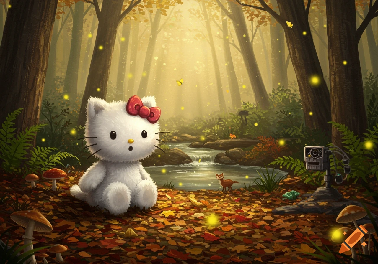 Hello Kitty sits among autumn leaves in a magical forest with fireflies, a stream, mushrooms, and a trail camera.