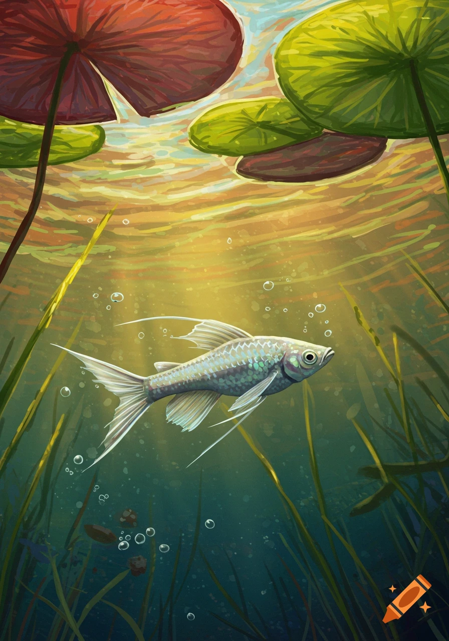 A detailed fish swims in clear water among green aquatic plants, with light rays filtering down from lily pads above.