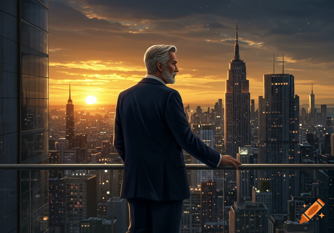 A distinguished man in a suit stands on a high-rise balcony, gazing at a photorealistic city skyline during a vibrant sunset.