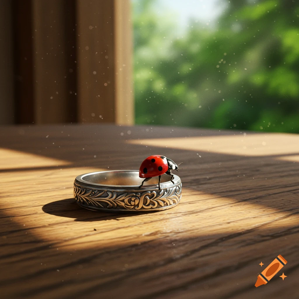 A close-up of a red ladybug with black spots resting on an ornate silver ring on a sunlit wooden table.