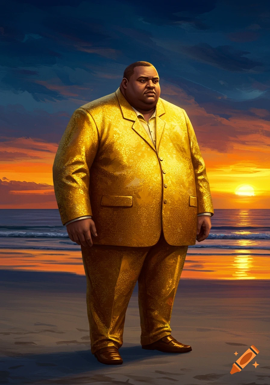 An obese man in a golden suit stands on a sandy beach at sunset, painted in a classical art style.