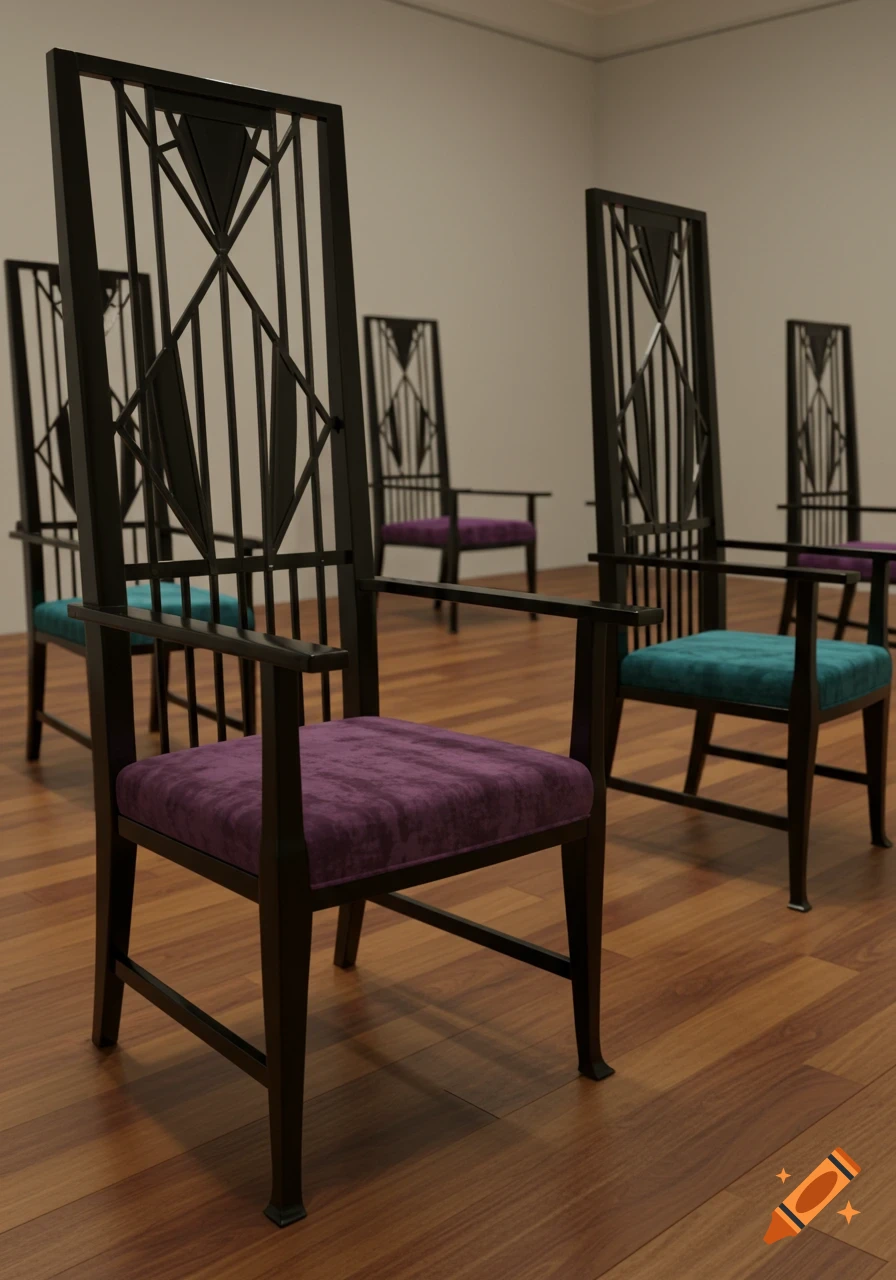 Several dark wooden chairs with tall, geometric backs and purple and teal velvet seats on a wooden floor in a room.