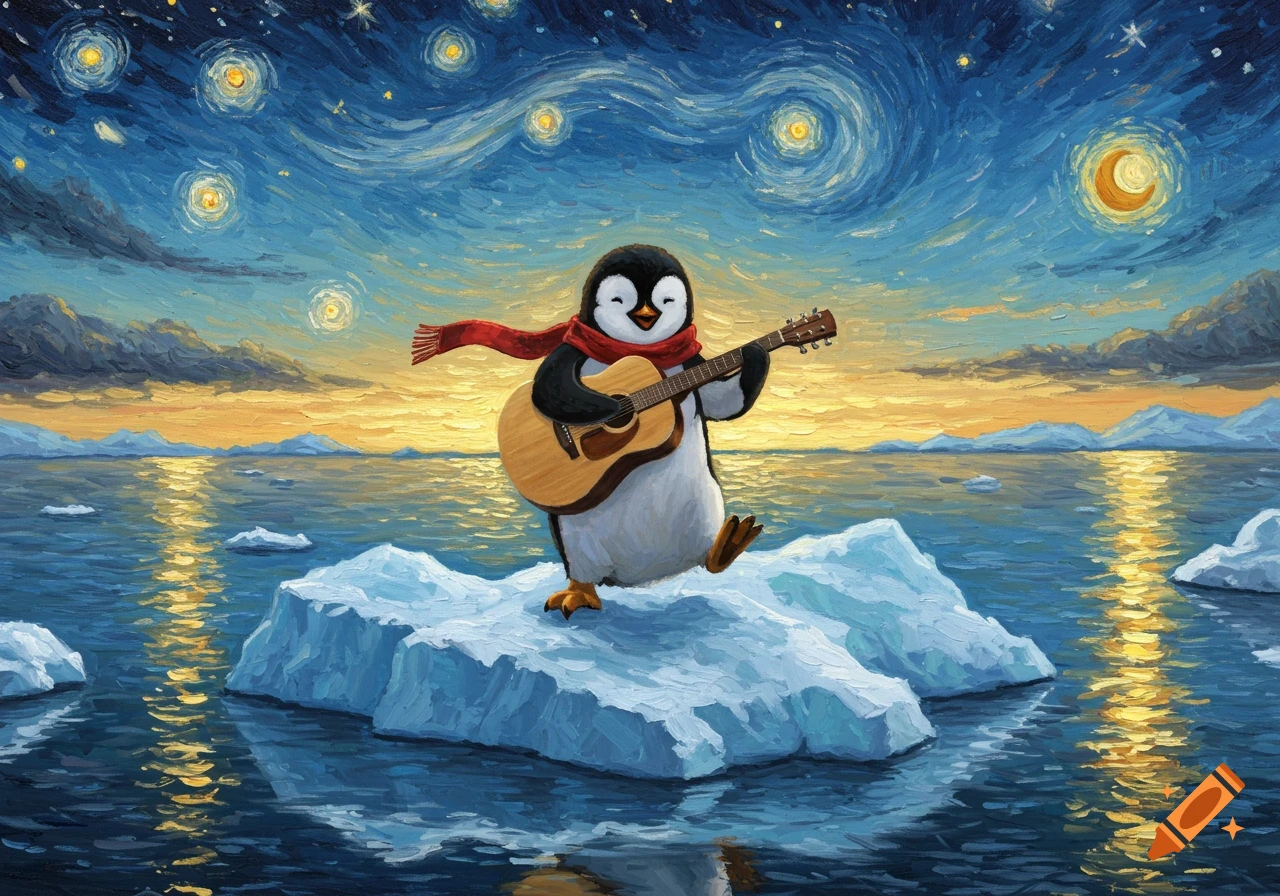 A charming penguin in a red scarf plays a guitar on an iceberg, set against a Van Gogh-style starry night sky over the ocean.