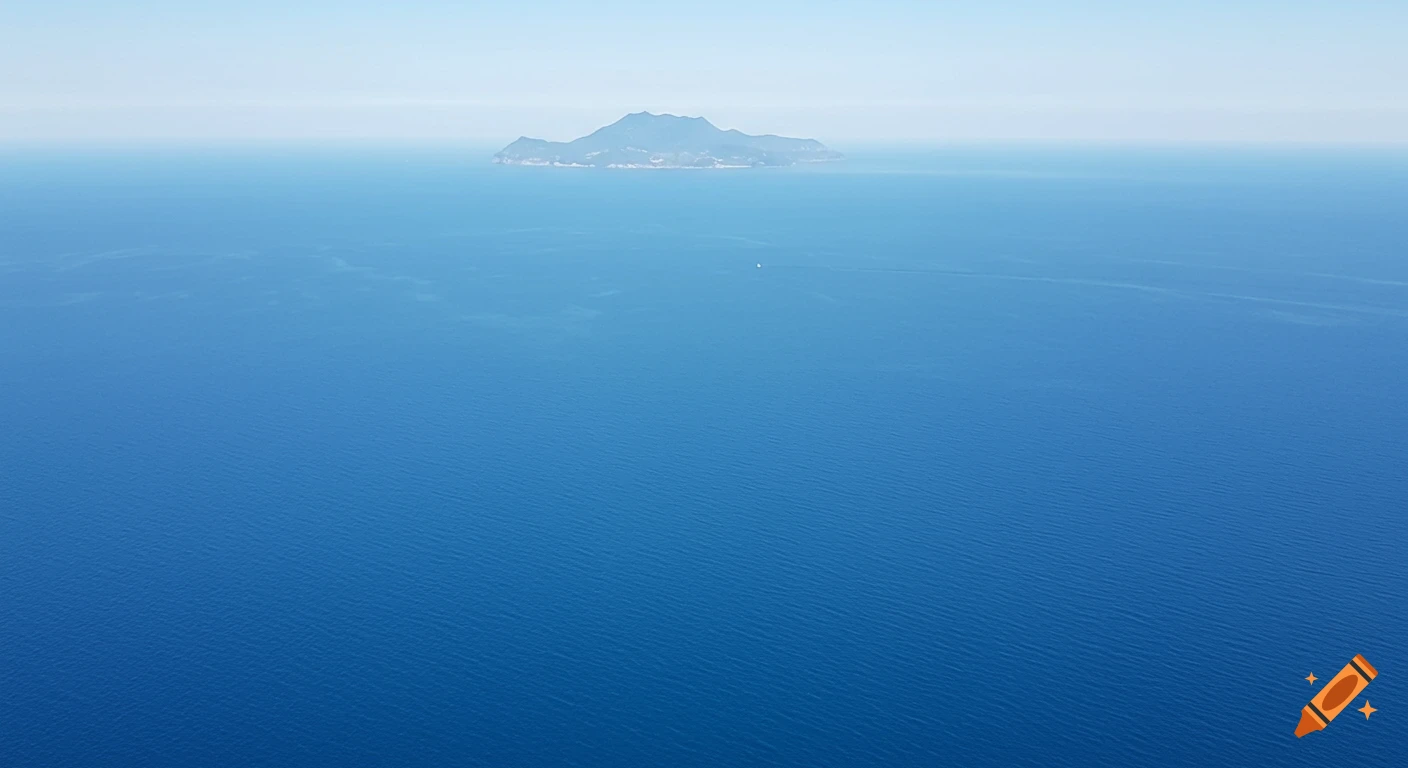 A serene drone view of a calm, clear blue ocean with a distant island on the horizon under natural sunlight.
