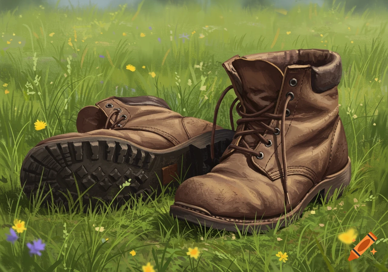 Two weathered brown boots rest in a field of green grass with small colorful wildflowers, painted in an illustrative style.
