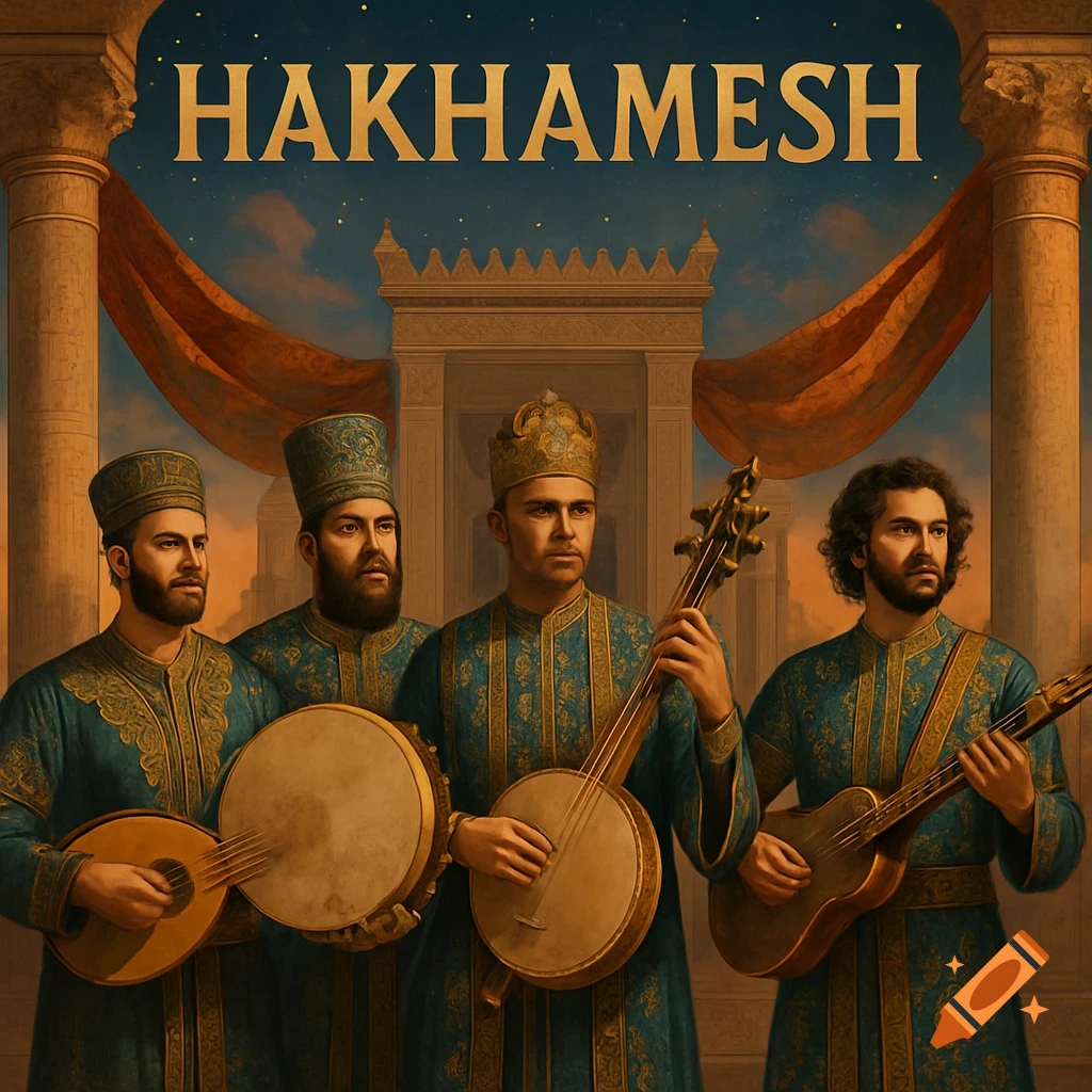 Four men in teal robes and hats play traditional instruments like an oud, drum, and lutes in front of ancient architecture. Text 'HAKHAMESH' overhead.
