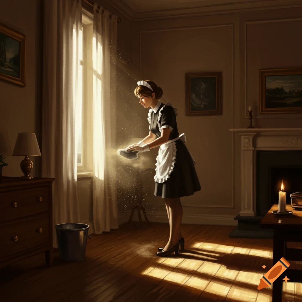 A maid in a traditional uniform dusts in a dimly lit room, with sunlight streaming through a large window, digital painting.