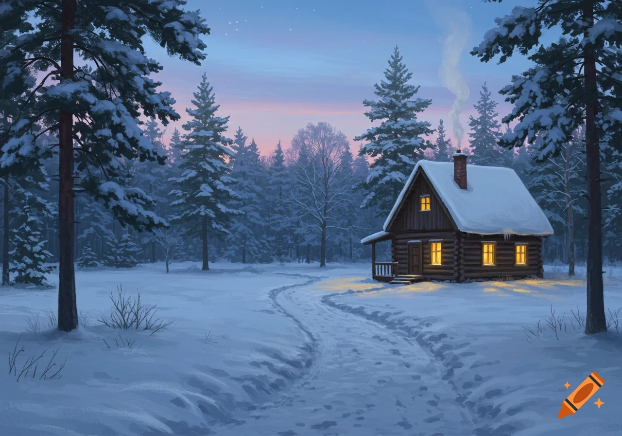 A painting of a snow-covered wooden cabin in a winter forest at dusk, with a winding path leading to it and smoke rising from the chimney.