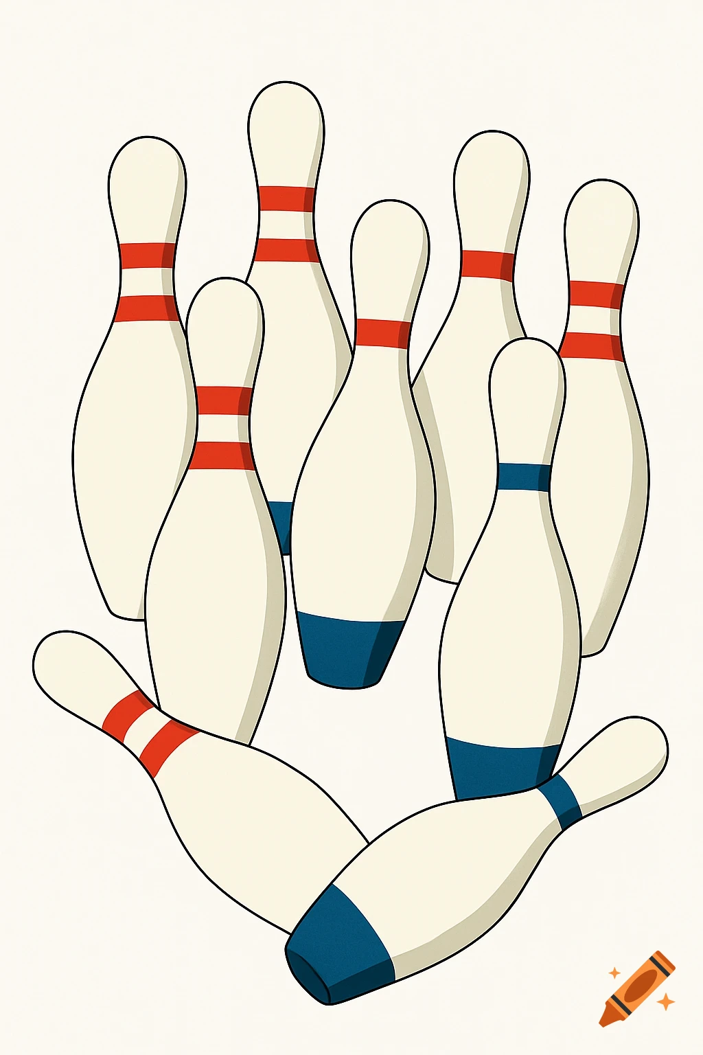 A collection of white bowling pins with red and blue bands, some standing and some fallen, in a simple cartoon style.