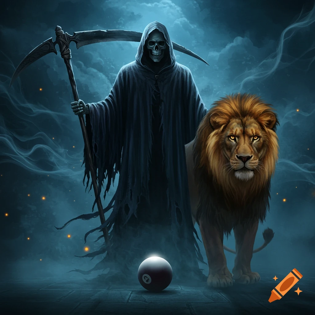 A spectral Grim Reaper with a scythe stands next to a majestic lion and a billiard ball with the number six, against a smoky, blue-lit background.