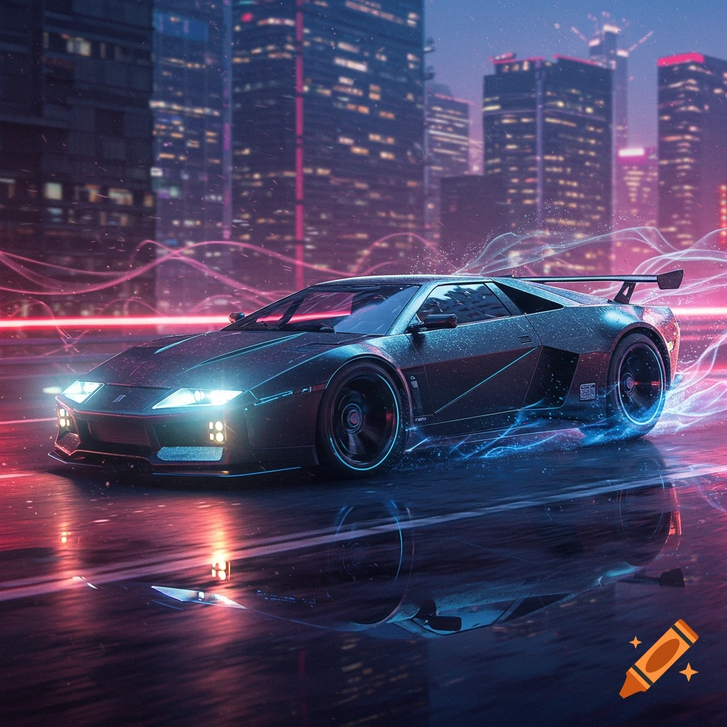 Sleek, dark futuristic sports car with glowing blue and red lights speeding through a neon-lit city at night, reflecting on the wet road.