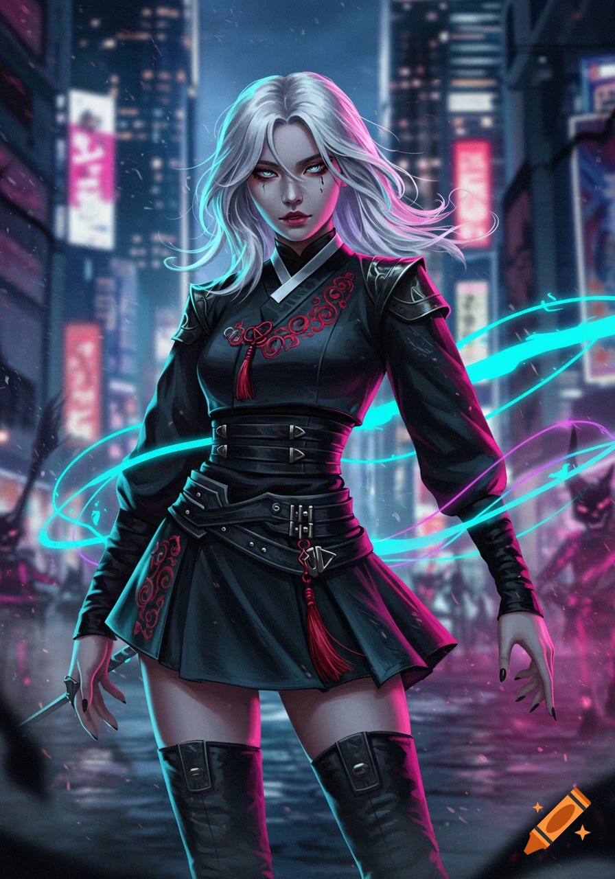 A white-haired woman in a black, samurai-style outfit with red tassels and thigh-high boots stands on a neon-lit cyberpunk street, holding a small blade.