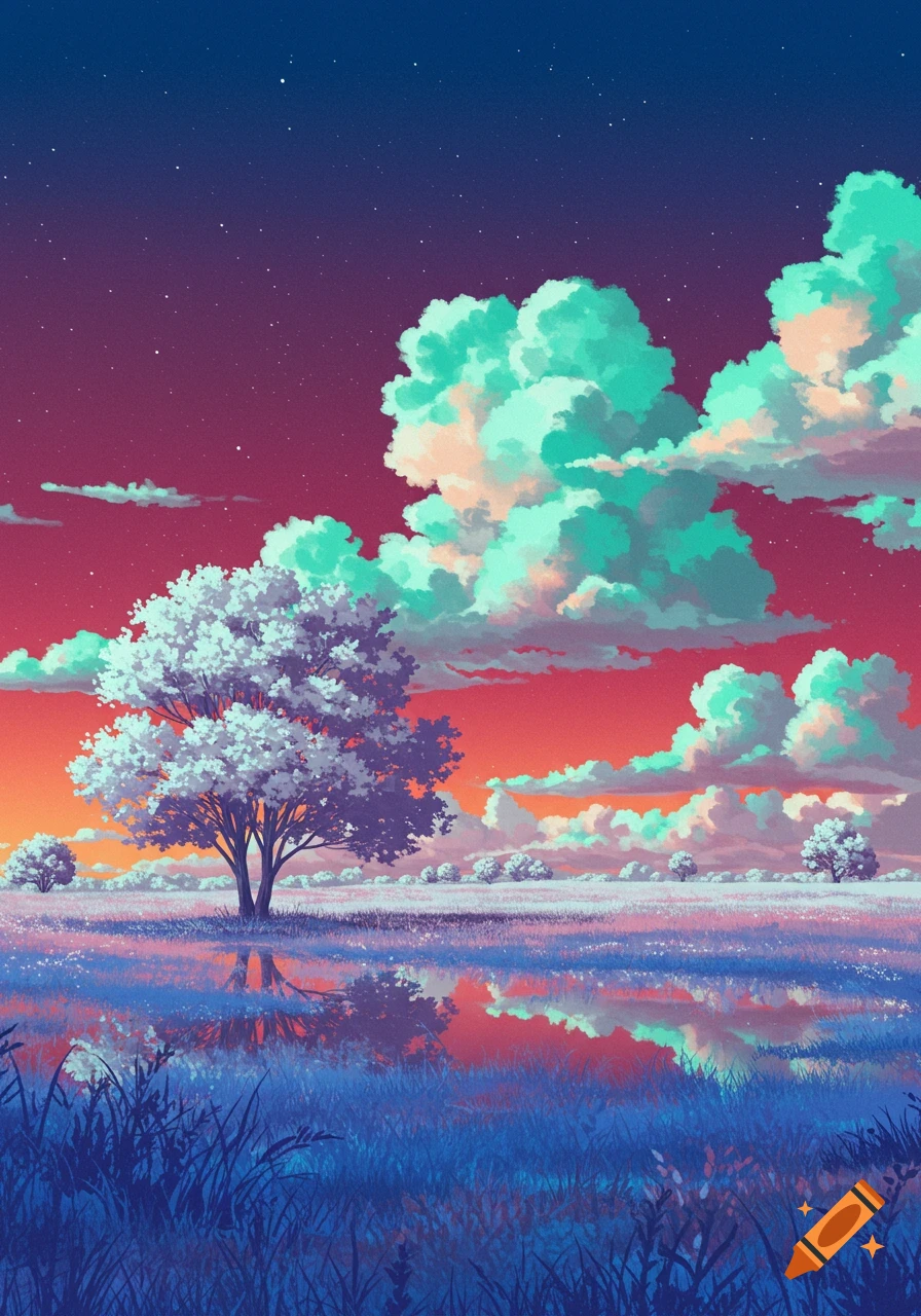 Vibrant anime-style landscape with a white tree in a field of blue flowers reflecting in water under a starry, colorful sky with green and orange clouds.