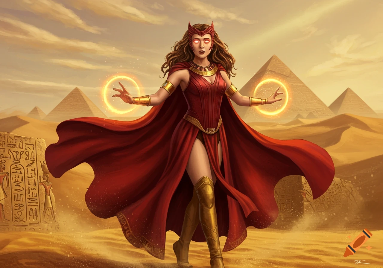 Egyptian-themed Scarlet Witch in a red outfit and cape, with glowing eyes and hands, standing in a desert with pyramids.