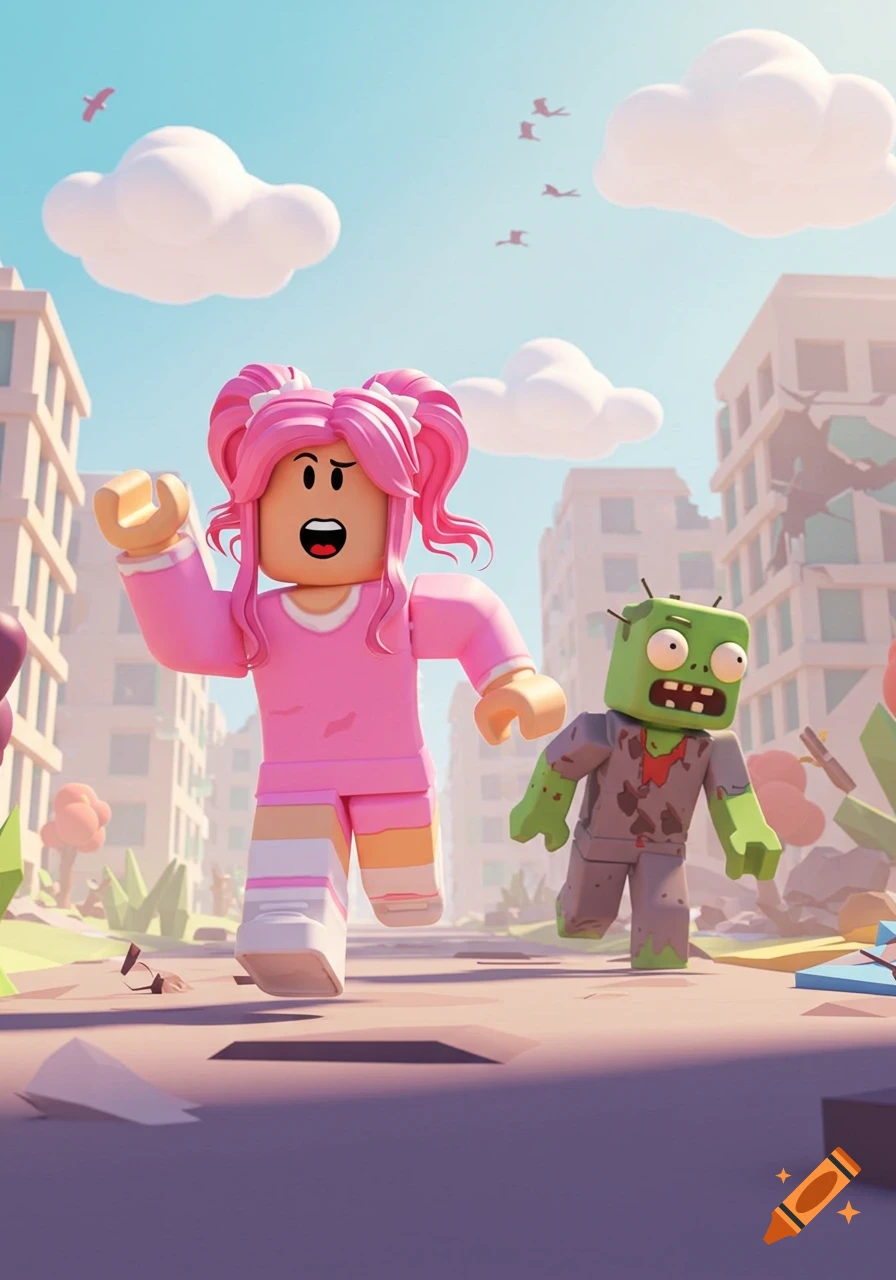 A Roblox-style girl in pink runs from a funny zombie in a ruined city, cartoon style.