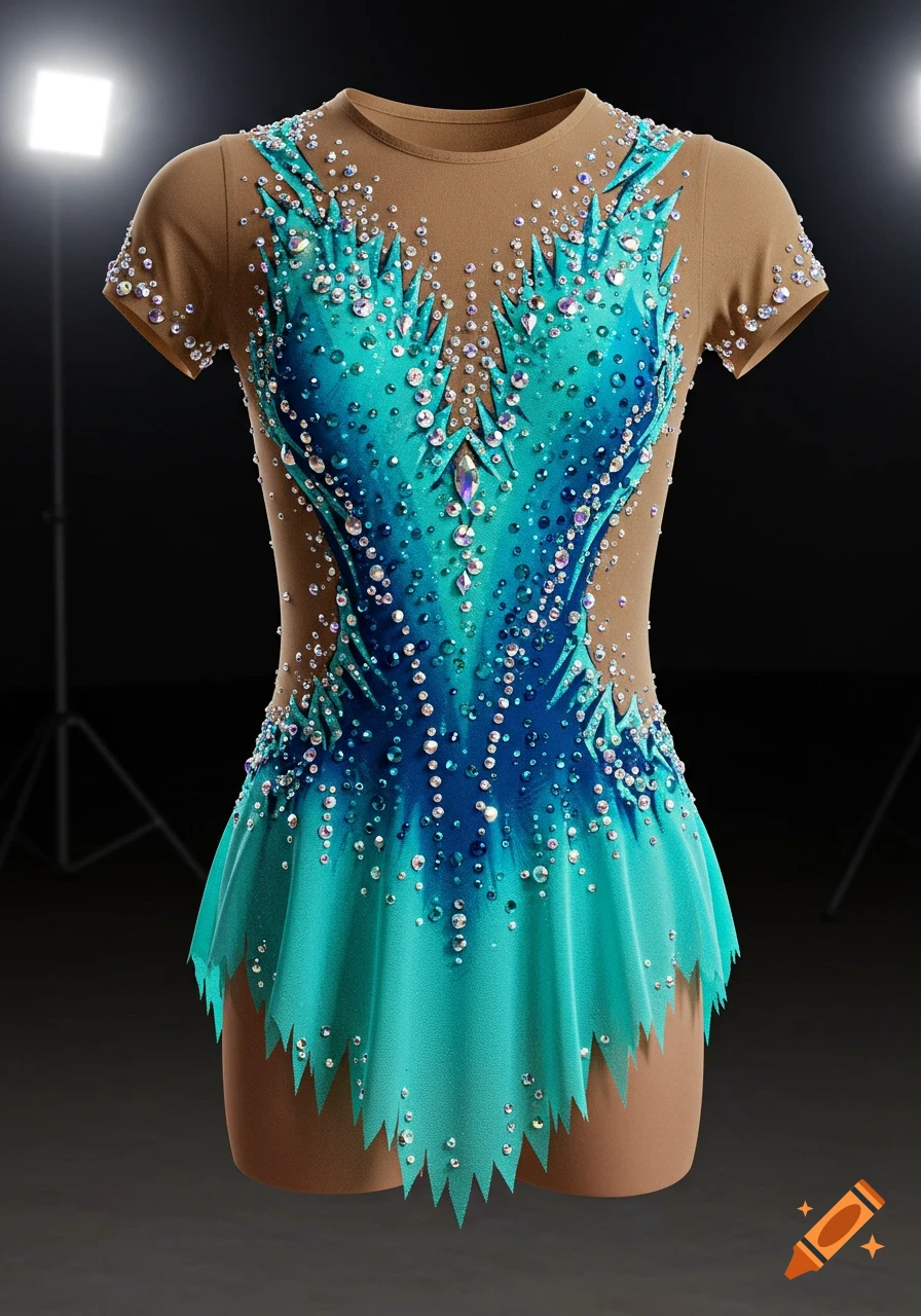 A sparkly blue and turquoise rhythmic gymnastics leotard on a mannequin, with a dark background and spotlights.
