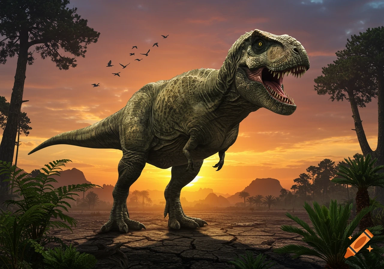 Photorealistic Tyrannosaurus Rex roaring in a prehistoric landscape at sunset with trees and birds.