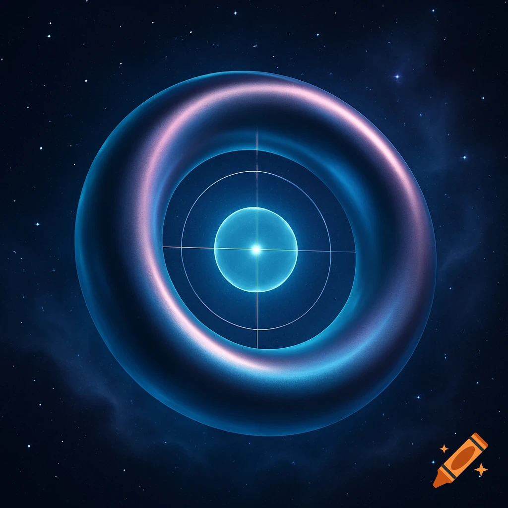 Glowing blue and pink torus in space with a bright blue sphere and crosshairs at its center.