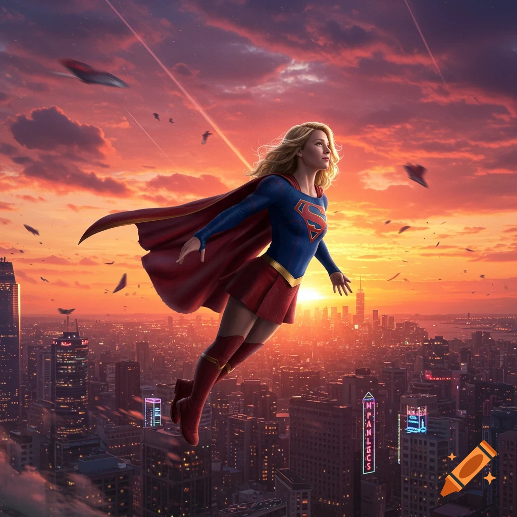 Photorealistic image of Supergirl flying high above a sprawling city at sunset, with her red cape flowing behind her.