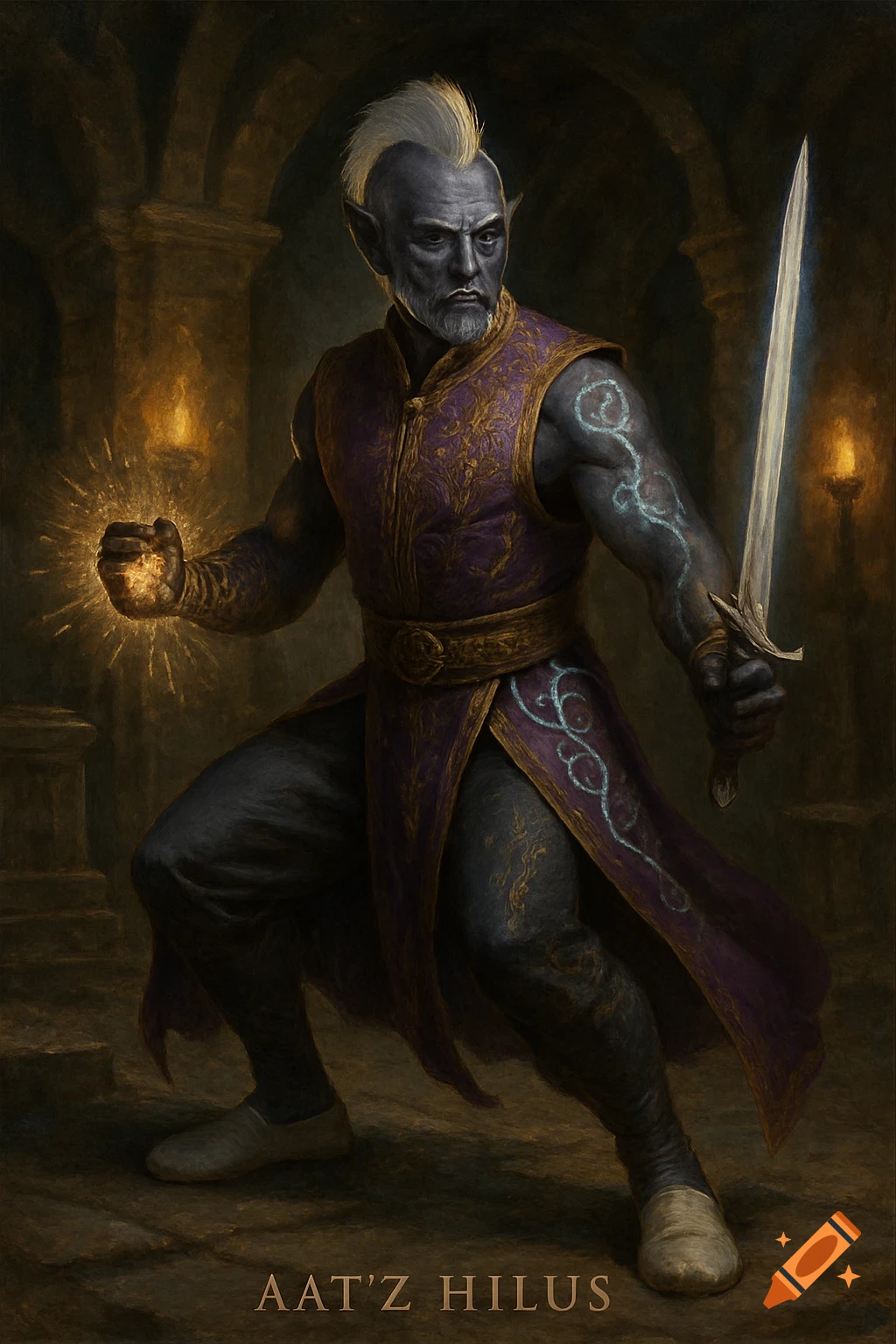 A dark-skinned elf with a white mohawk, dressed in a purple and gold robe, holds a glowing magic fist and a sword in a dark crypt. Painterly style.