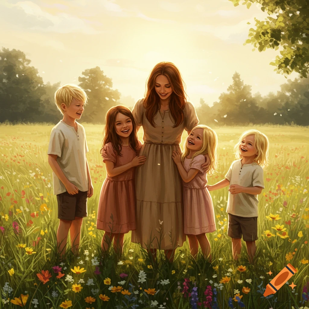 A smiling mother stands with three happy children in a sunny wildflower field, depicted in a warm, illustrative style.