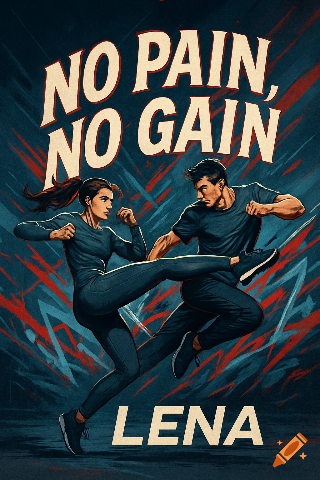 Graphic poster of a man and woman in athletic wear performing martial arts, with 'NO PAIN, NO GAIN' and 'LENA'.