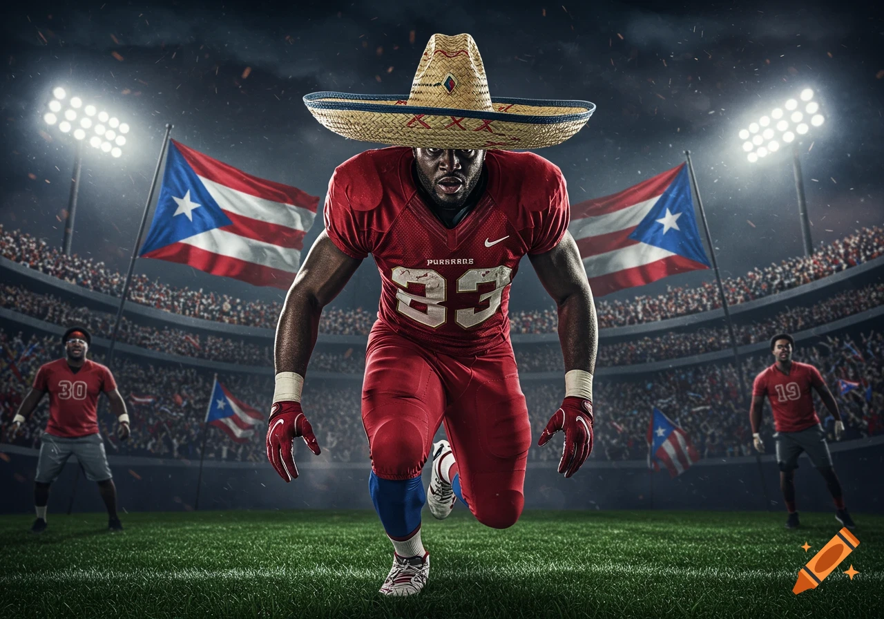 A photorealistic American football player in a red jersey and a sombrero rushes forward in a stadium with Puerto Rican flags flying and fans in the stands.