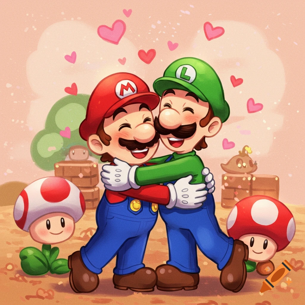 Cartoon Mario and Luigi hug happily, surrounded by hearts and Super Mushrooms in a bright landscape.