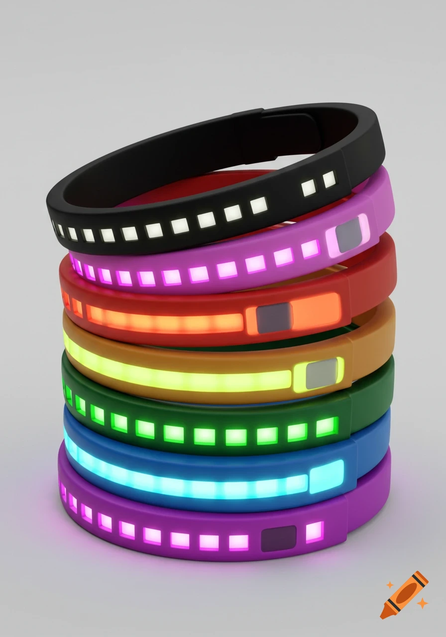 A stack of colorful silicone wristbands, each glowing with embedded LED lights, on a white background. Realistic and vibrant.