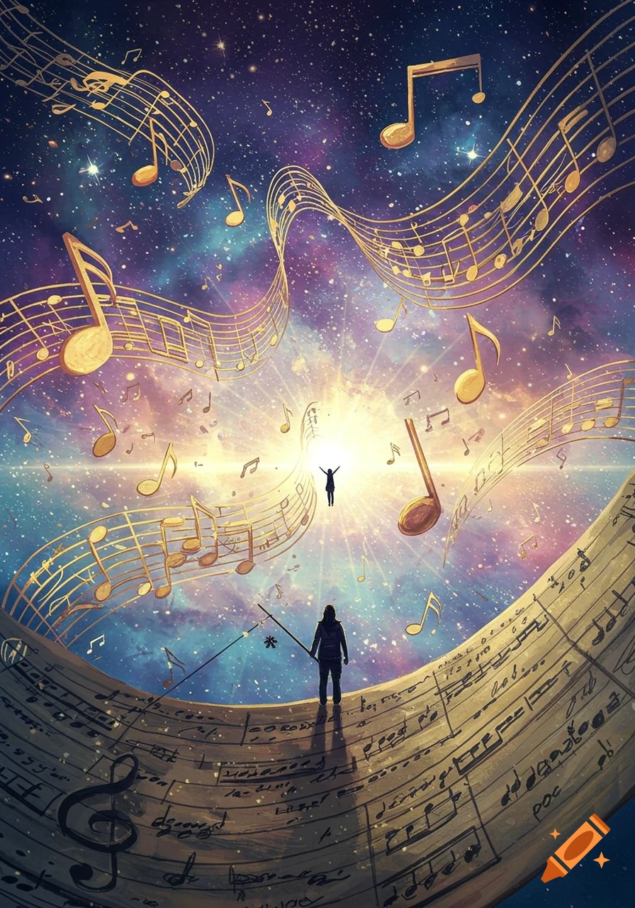 A figure stands on a giant musical staff in a starry cosmic sky, looking at another glowing figure surrounded by golden musical notes.