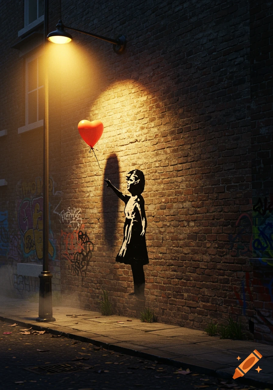A Banksy-style stencil of a girl reaching for a red heart balloon on a brick wall, lit by a streetlamp at night.