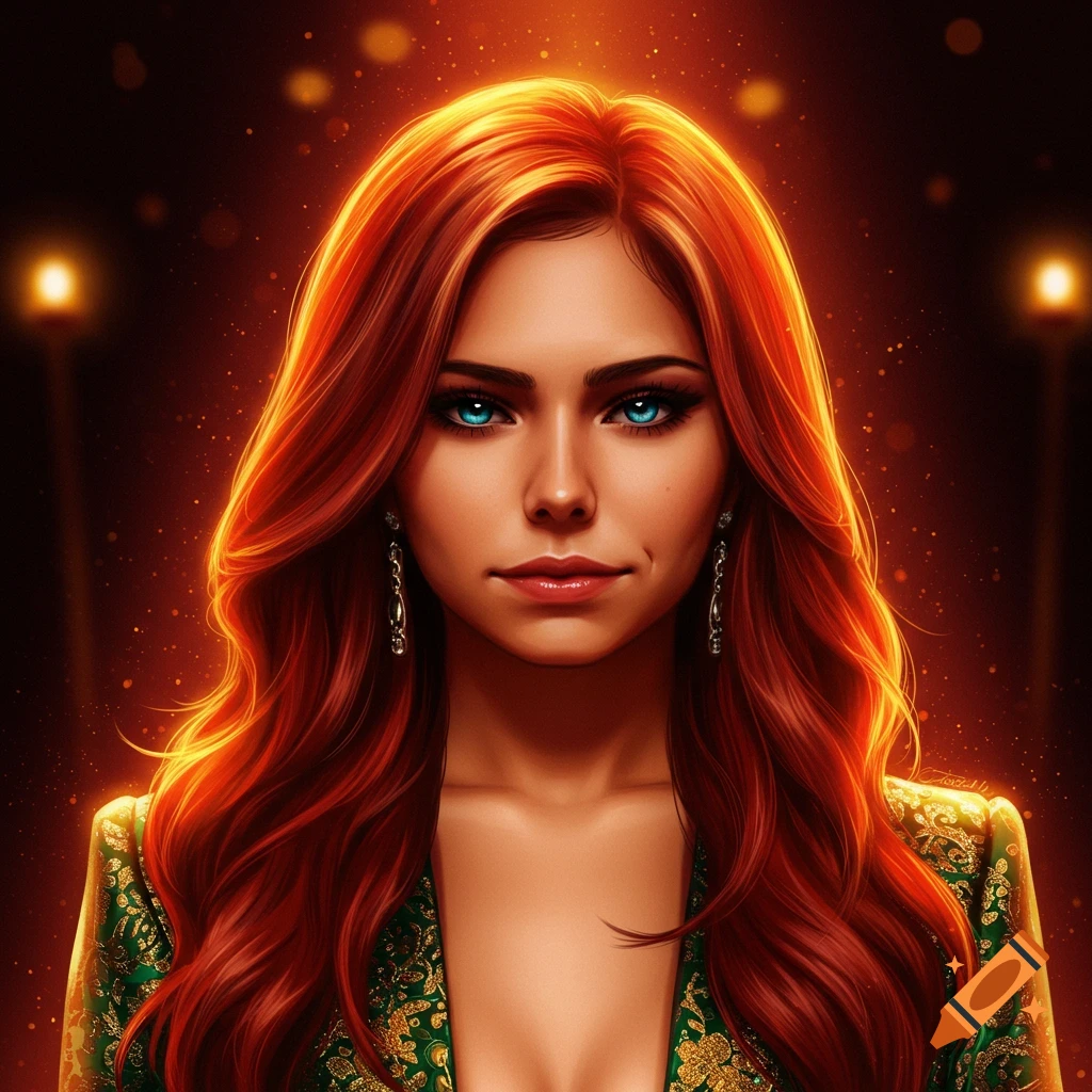 Digital art portrait of a woman with vibrant red hair, glowing blue eyes, and a green jacket with gold patterns.