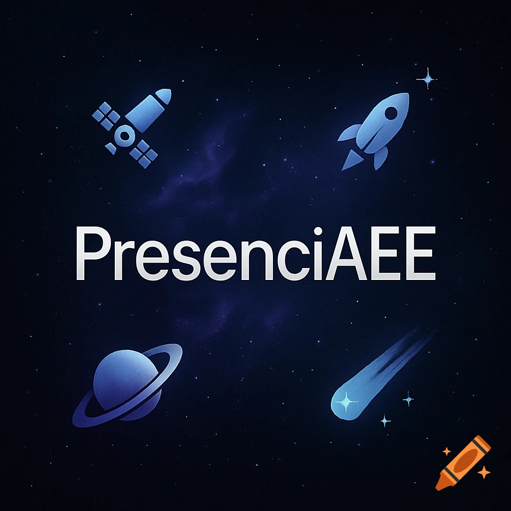 A dark blue starry background with white text "PresenciAEE" and four light blue space icons: a satellite, a rocket, a ringed planet, and a comet.