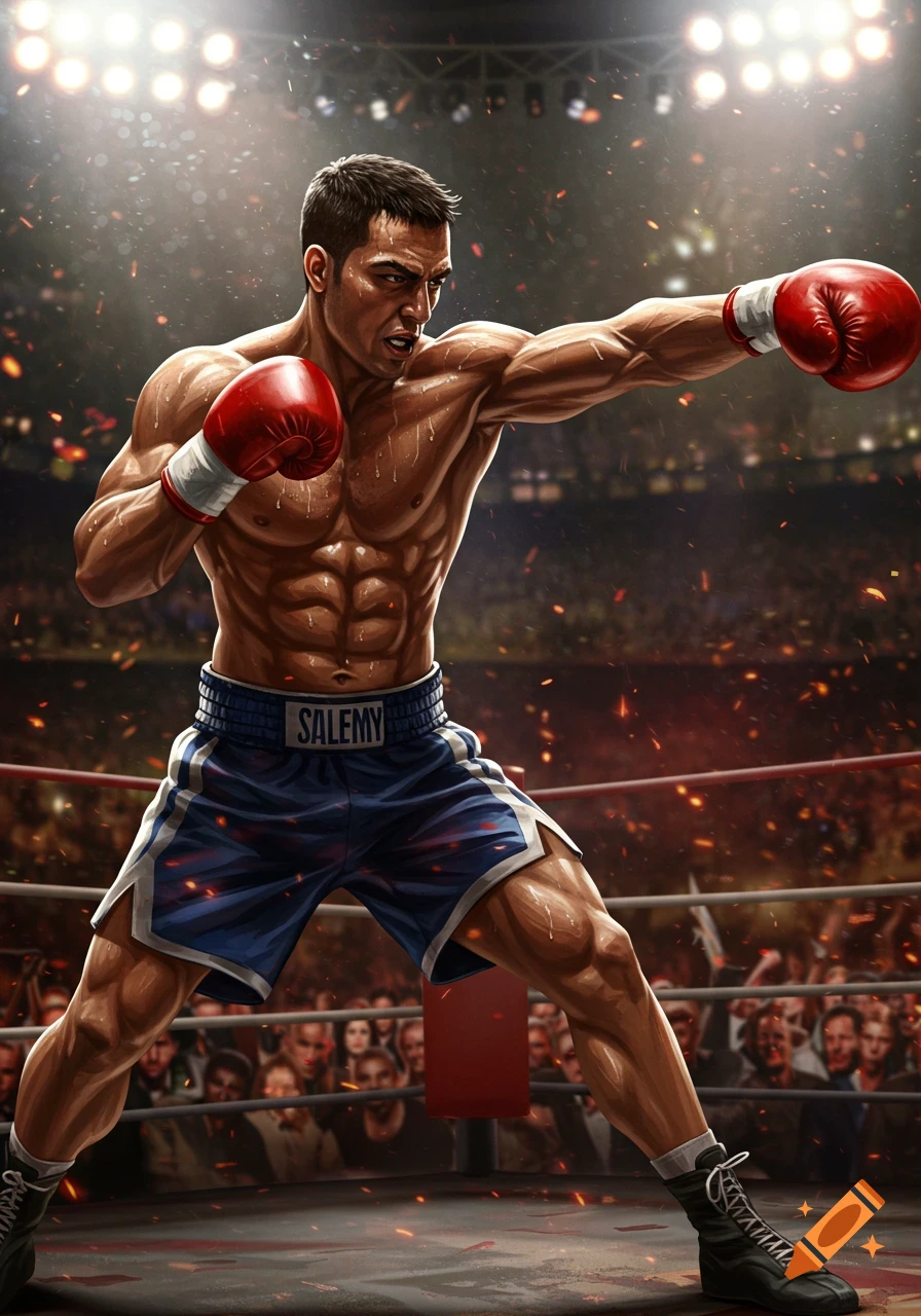 Illustration of a muscular male boxer in red gloves throwing a punch in a boxing ring with a blurred crowd.