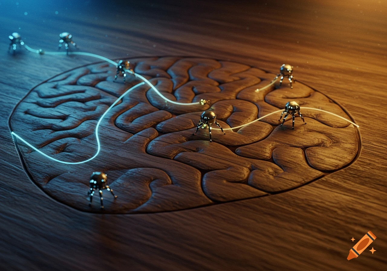 Small metallic robots traverse glowing pathways on a detailed wooden brain structure.