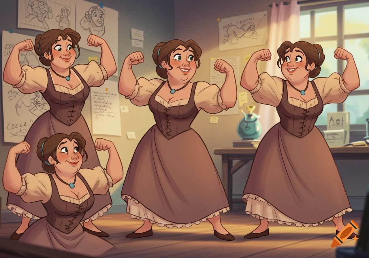 Cartoon model sheet showing four smiling, strong women with brown hair, dressed in peasant-style outfits, flexing their arm muscles. Character sketches are on the wall.