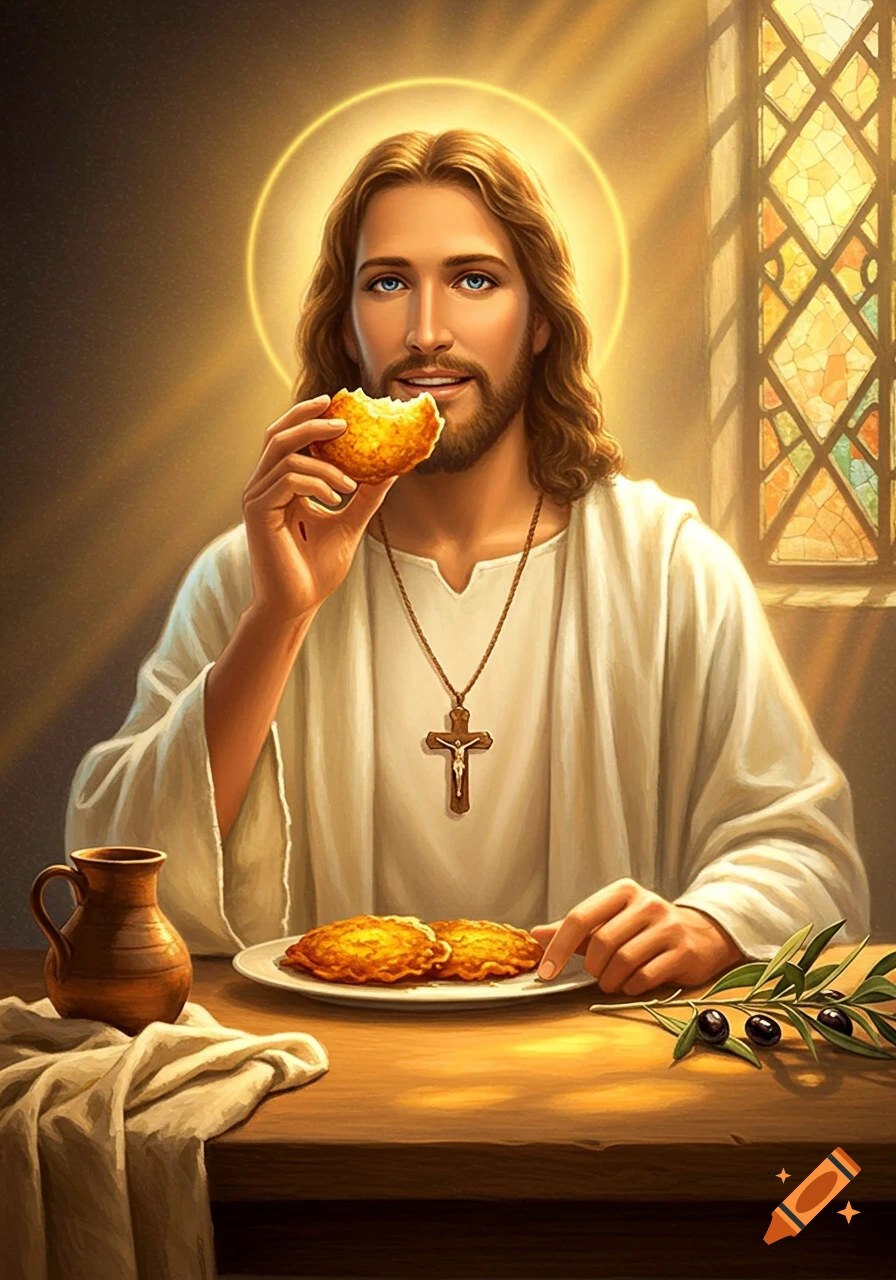 Jesus with a halo, wearing a crucifix, eating a latke at a wooden table with a stained glass window in the background.
