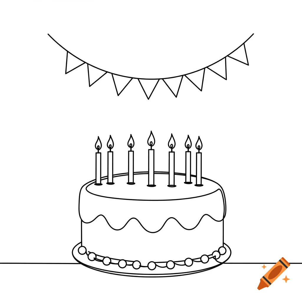 A simple black and white line drawing of a birthday cake with seven lit candles and a string of flags above it.