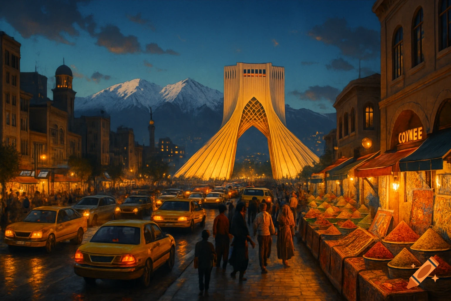 A vibrant night cityscape with the illuminated Azadi Tower, snow-capped mountains, busy streets, traffic, pedestrians, and market stalls.