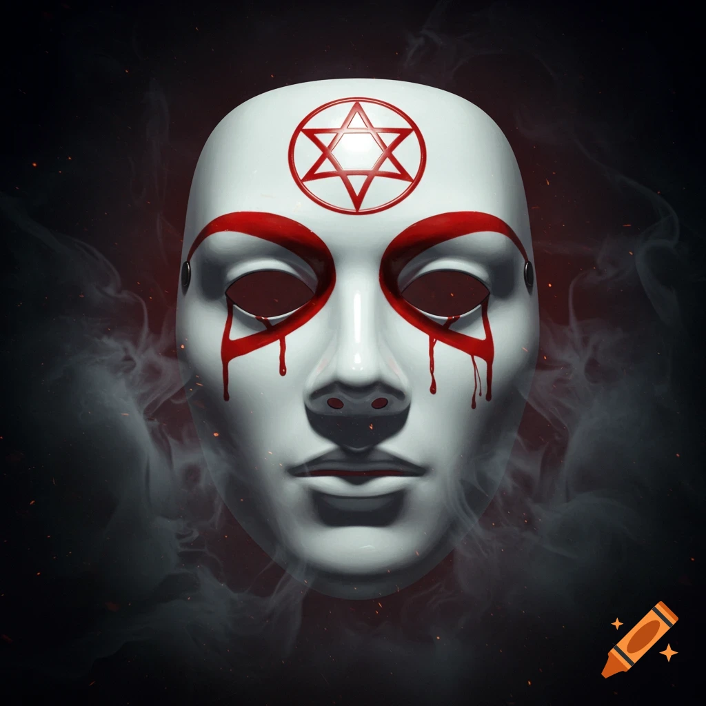 A white mask with red paint around the eyes dripping like blood, and a red hexagram symbol on its forehead, surrounded by smoke.