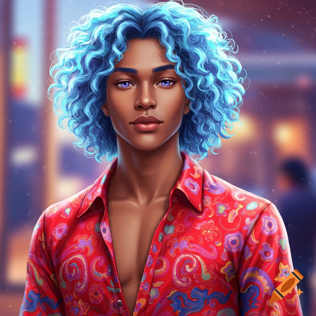 A young man with vibrant blue curly hair and striking purple eyes wears a red patterned shirt.